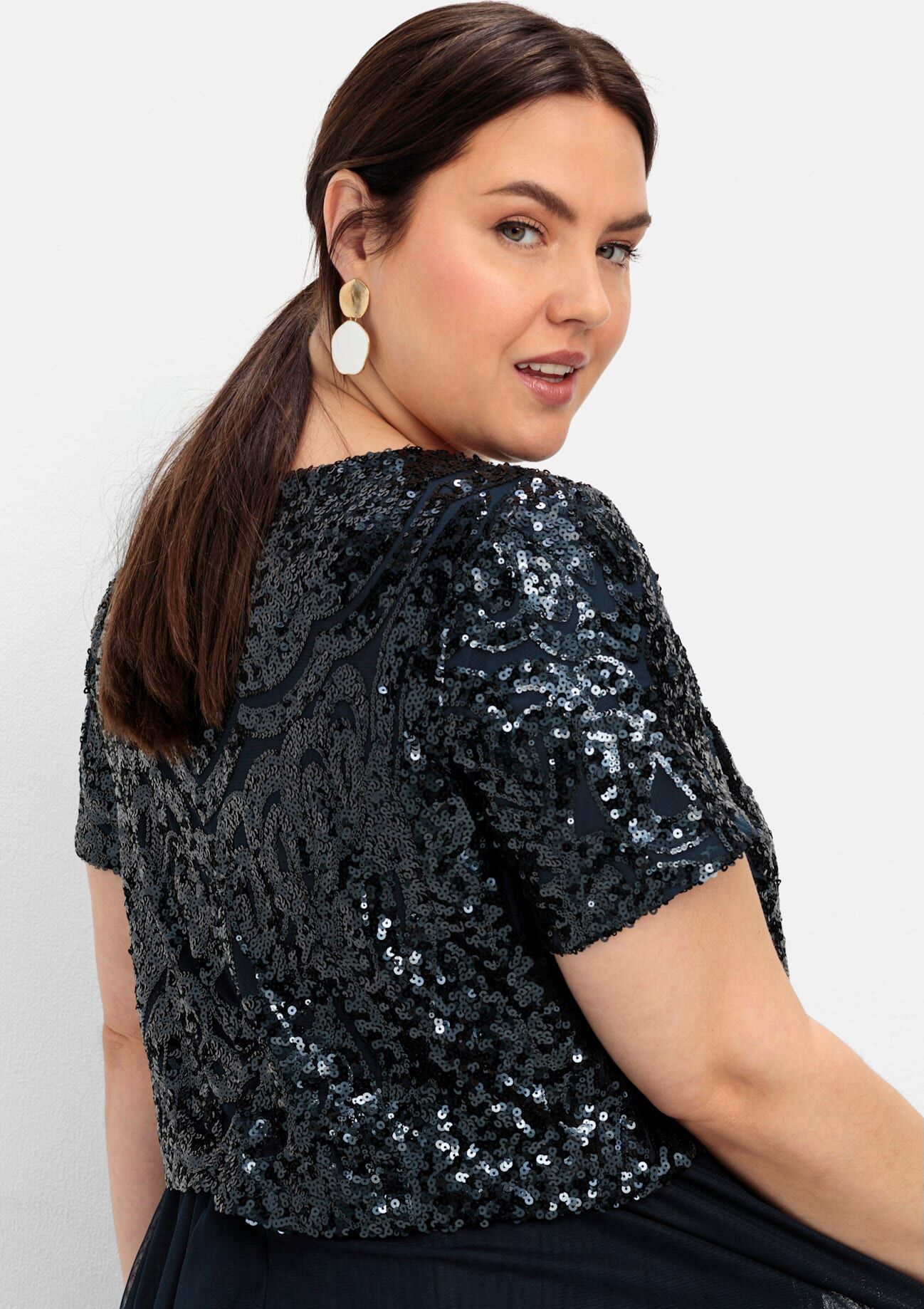 Abendkleid SHEEGO "Abendkleid", Damen, Gr. 44, Normalgrössen, Kurzarm, blau (nachtblau), 100% Polyester, unifarben, lang, Rundhals, Kleider Abendkleid nachtblau 44, Normalgrössen, Kurzarm
