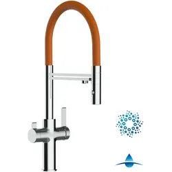 4 Wege Wasserhahn Küchenarmatur, FC, mit 360° schwenkbarem Auslauf, abnehmbare 2 strahl Handbrause, Verchromt / Orange