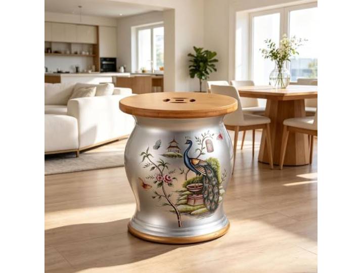 Chinoiserie Keramik Gartenhocker mit Stauraum,Dekorativer Trommelhocker Keramik Trommelhocker Chinoiserie mit Abdeckung,Mehrzweck Hocker, Beistelltisch für Wohnzimmer Foyer, Terrasse(22)