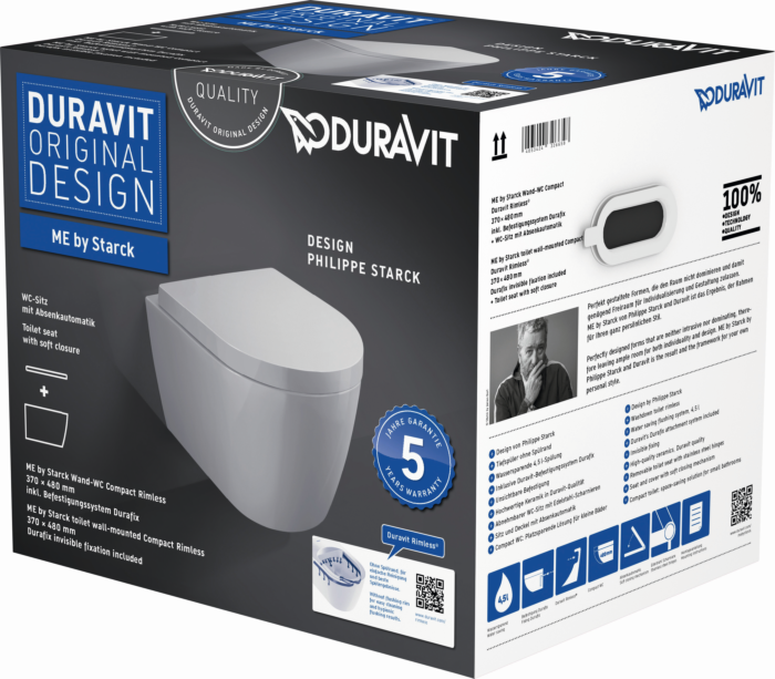 Duravit Me by Starck Wand WC Set 453009AAA1 Compact 48cm, rimless, WC mit WC-Sitz, weiß