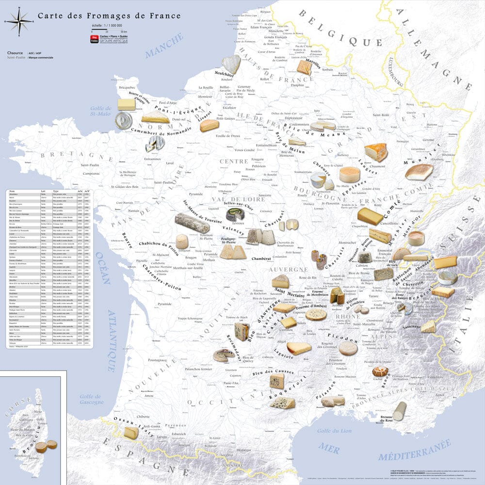 Poster – Carte des fromages AOC de France - 80 x 80 cm   Blay Foldex - Fond Violet / Papier 150 g avec plastification mate