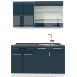 Vichy, Regal, Singleküche Fame-Line, Dunkelblau Hochglanz/Weiss, 140 cm, AP Anthrazit (140 x 60 x 81.60 cm)