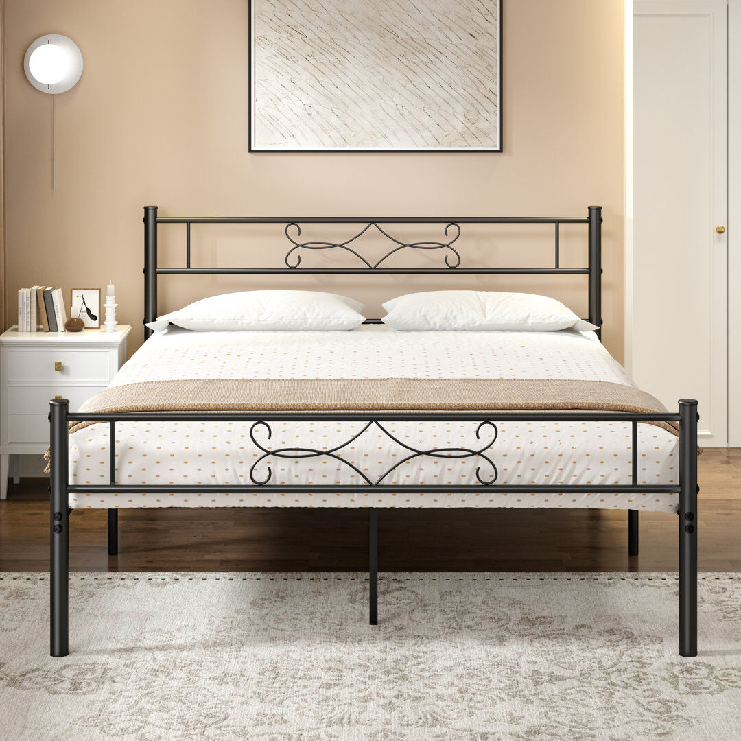 Marlow Home Co. Alvernia Single Double Size Bed Metal Platform Mattress Foundation w/Headboard Footboard Black Double (4'6)