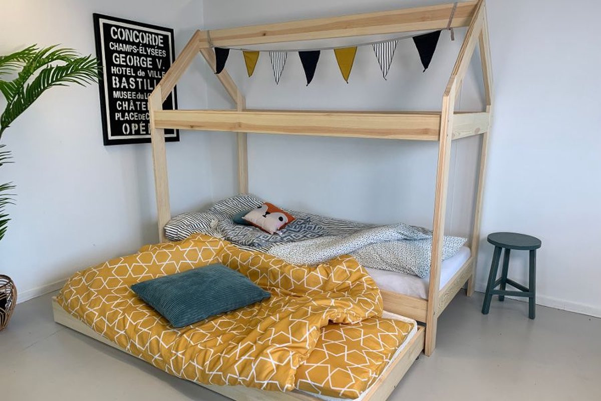 Rockwood Montessori Huisjesbed met lattenbodem en opberg/slaaplade van massief hout
