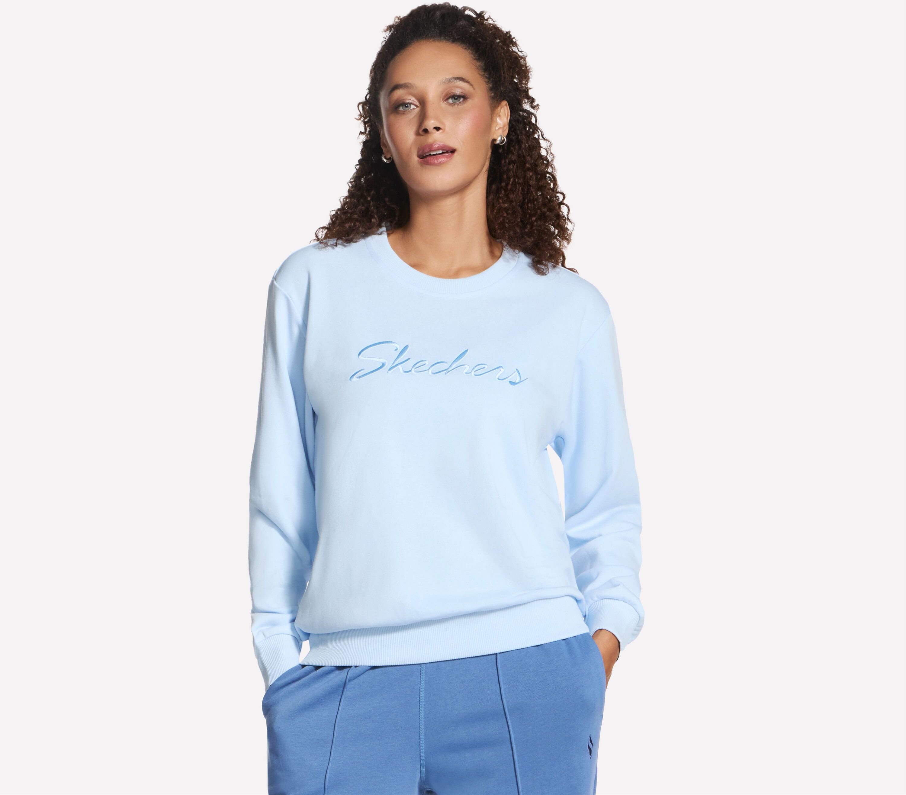 Sweatshirt SKECHERS "SKECHERS SIGNATURE CREW", Damen, Gr. S (36), blau (rain blau), Obermaterial: 54% Baumwolle, 46% Polyester, Sweatshirts Sweatshirt, aus Baumwolle und Polyester, für Erwachsene rain blau S (36)