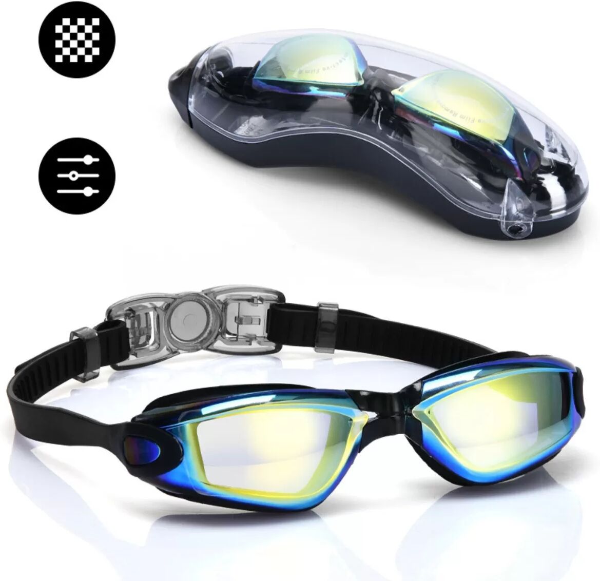 INF Schwimmbrille mit Etui — Antibeschlag, UV-Schutz, Silikondichtung, PC-Polycarbonat-Linse, Weitwinkel, Auslaufsicher Schwarzes Gold