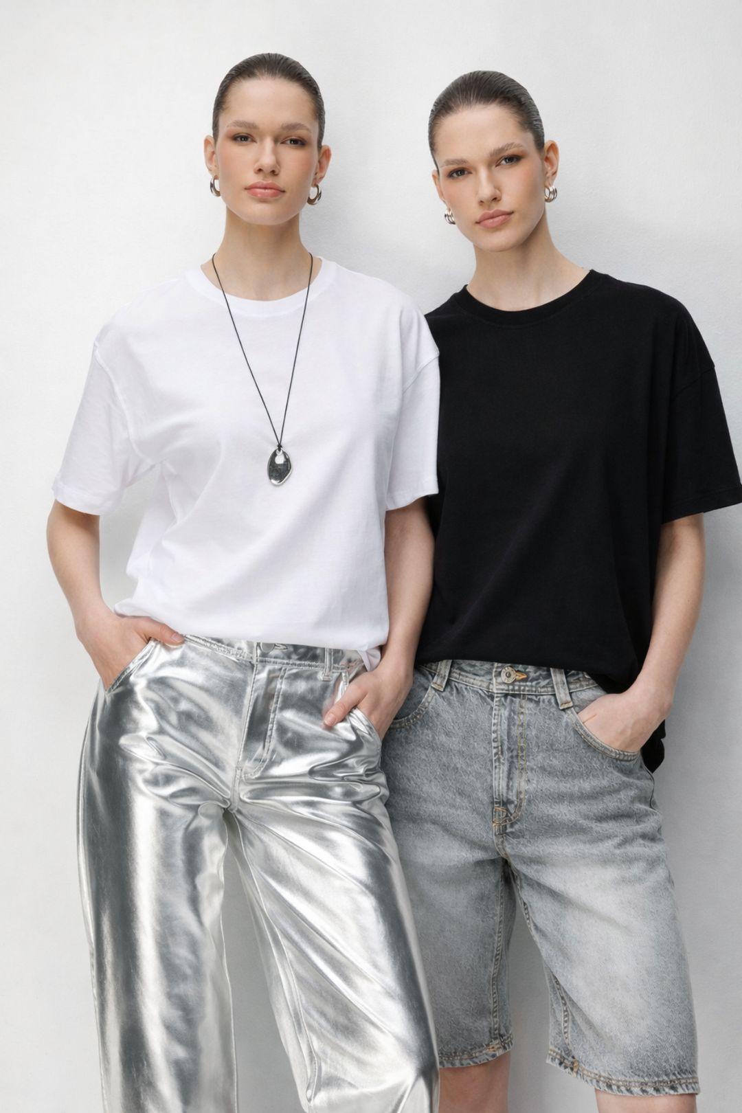 Übergroßes Ripp-Muster Crewneck Zweiteiliges T-Shirt-Set