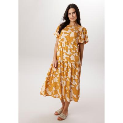 Sommerkleid ANISTON SELECTED, Damen, Gr. 36, N-Gr, 3/4 Arm, Web, ockergelb, zimt, beige, Web, Obermaterial: 100% Viskose, bedruckt, geblümt, gemustert, figurumspielend, Rundhals, Volant, Kleider Sommerkleid, mit fantasievollem Druck in Sommerfarben