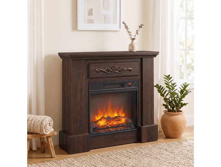HOMCOM Cheminée Électrique 1800W Télécommande Marron