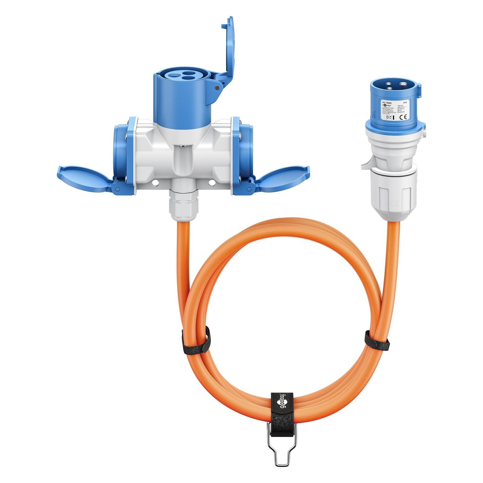 Goobay CEE-Adapterleitung, CEE-Stecker auf 1x CEE-Kupplung und 2x Schutzkontakt-Kupplung, 1,5 m (1.50 m, CEE 7/3, CEE 7/4) (76231)