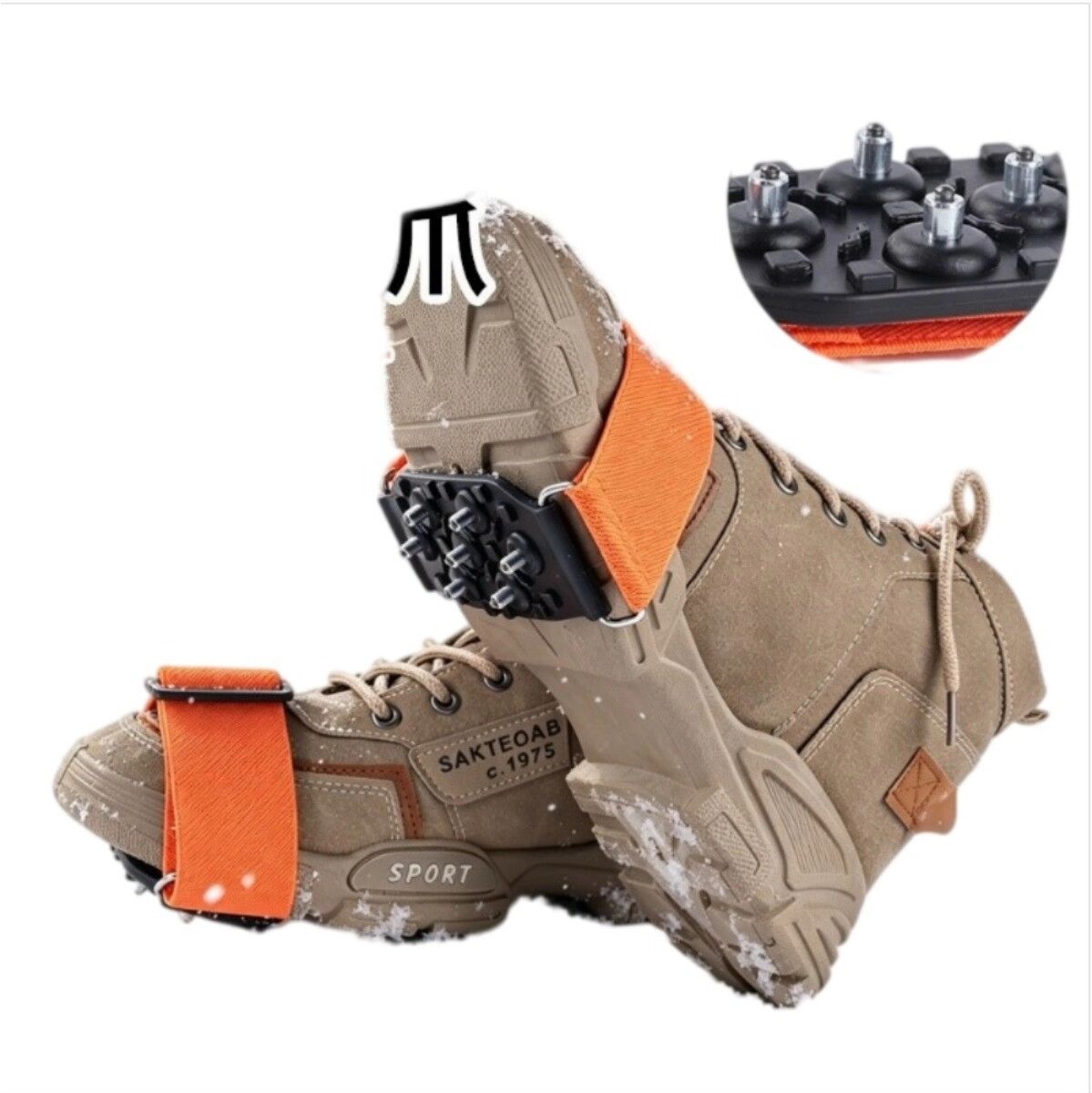 INF 7-Spike Eiskrallen aus Wolframstahl mit elastischen Riemen zum Wandern, Bergsteigen und für verschneite Städte Orange