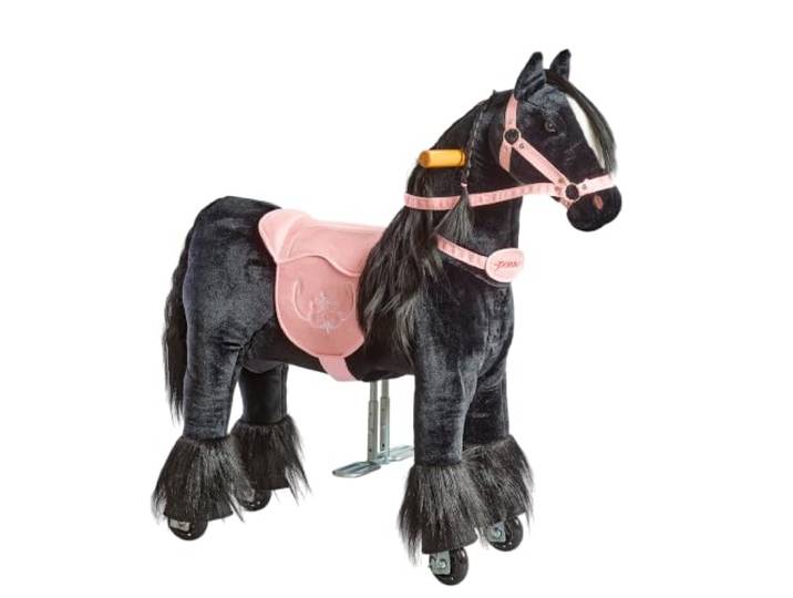 PONNIE Reitpferd mit Rollen Ebony S (3-6 Jahre), Spielpferd zum Reiten mit Abnehmbarer Rosa Sattel und Halfter mit Zaumzeug, Kämmbare Mähne und Schwanz, Plüschpferd zum Reiten für Kinder