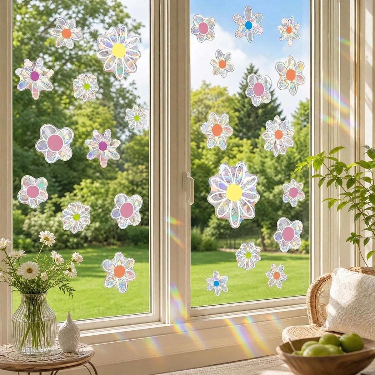 Raamstickers Bloemen - Regenboog Raamfolie - Statisch Hechtende Raamdecoratie - 44 Stuks - Veelkleurig