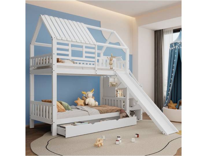Lit superposé cabane 90x200 cm x2 avec escalier de rangement et toboggan tiroir sommier à lattes blanc
