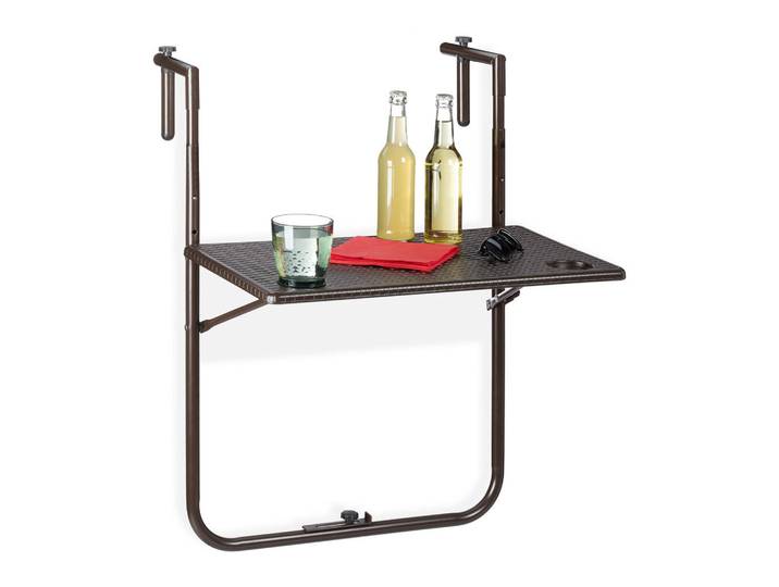 Relaxdays Hängetisch Braun Balkon klappbar, Kunststoff, Metall, 59.5x83x59 cm, Gartenmöbel, Gartentische, Balkontische