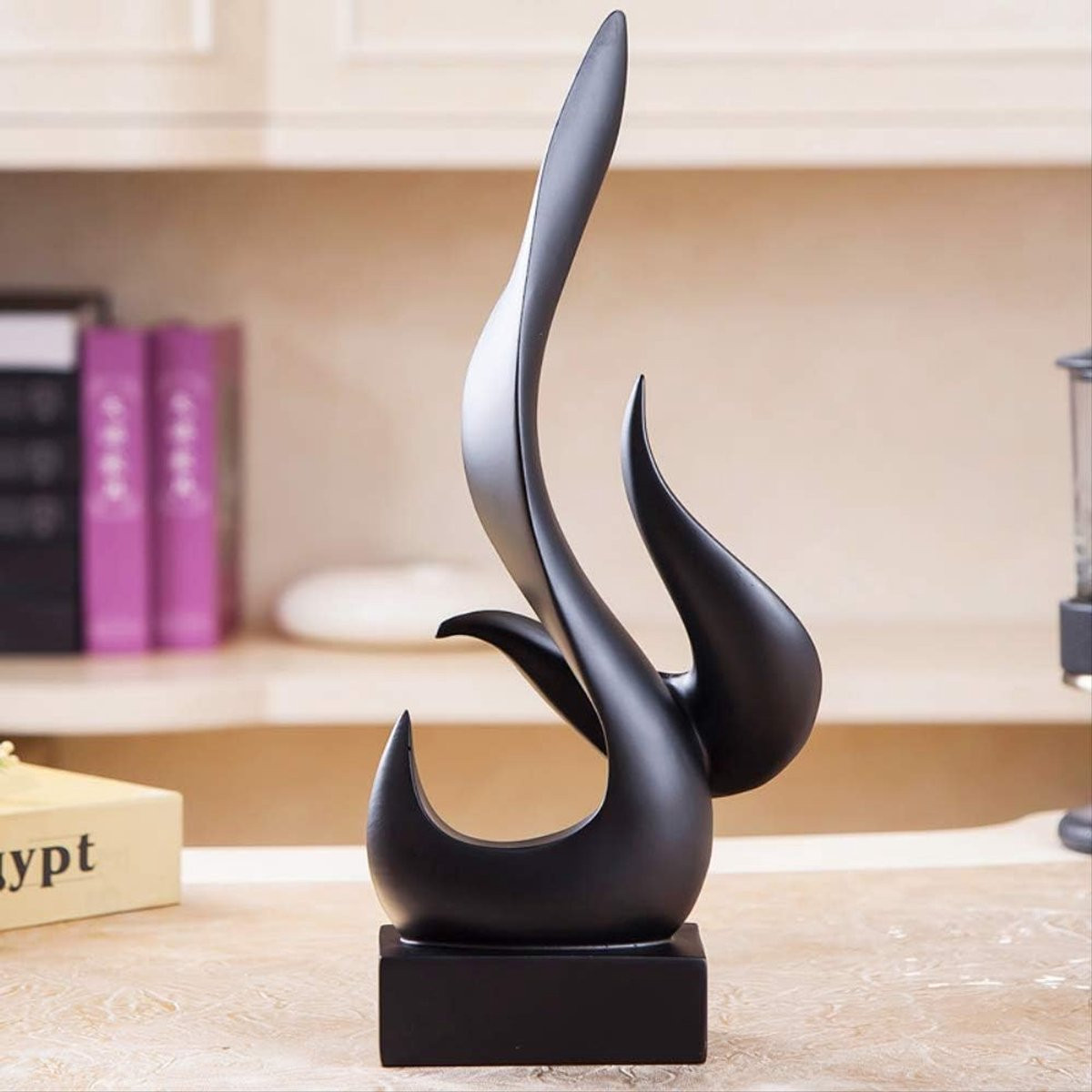 Zwart abstract standbeeld vlam sculptuur voor op tafel, Hoogte: 32 cm