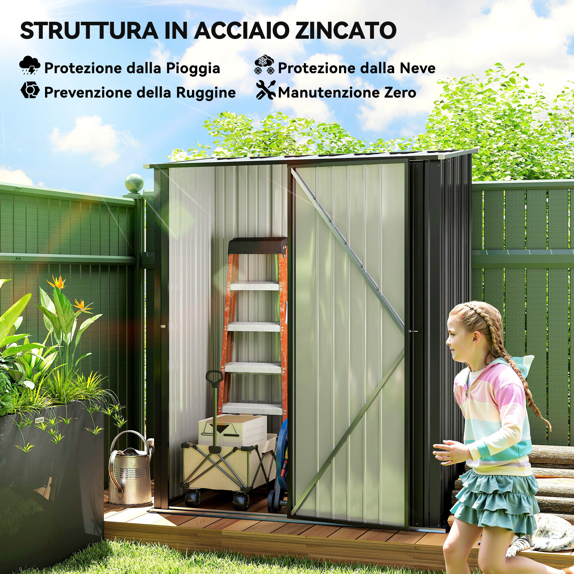 Altro Casetta Da Giardino Porta Utensili In Lamiera Acciaio Con Serratura, 161.5x94.5x196cm, Nero