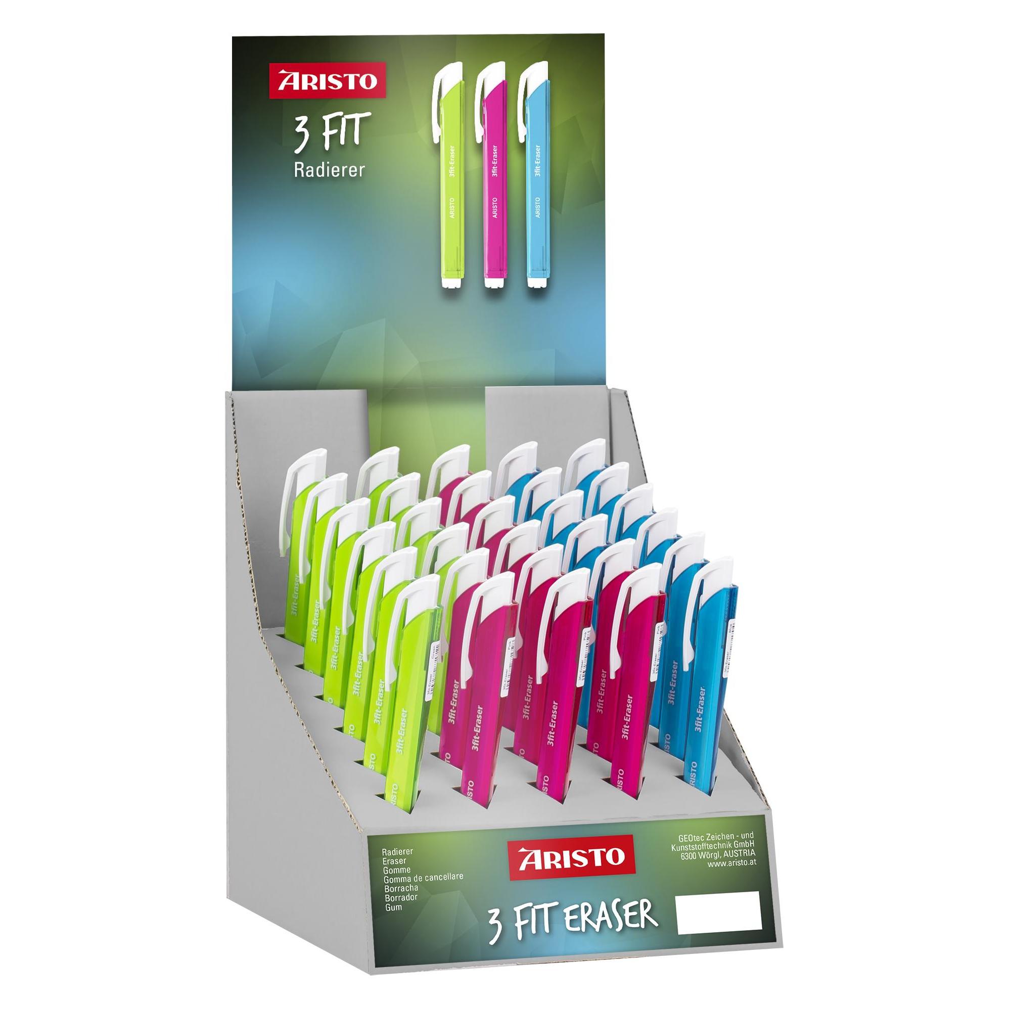 Aristo Radierstift 3Fit Display 30, je 10 x blau, grün, violett (VD87177)
