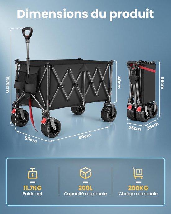 Faltbarer Transportwagen, 170 Liter Fassungsvermögen, 150 kg Tragfähigkeit, Einkaufstrolley mit verstellbarem Griff, ideal für Umzüge, Gartenarbeit und Camping, schwarz