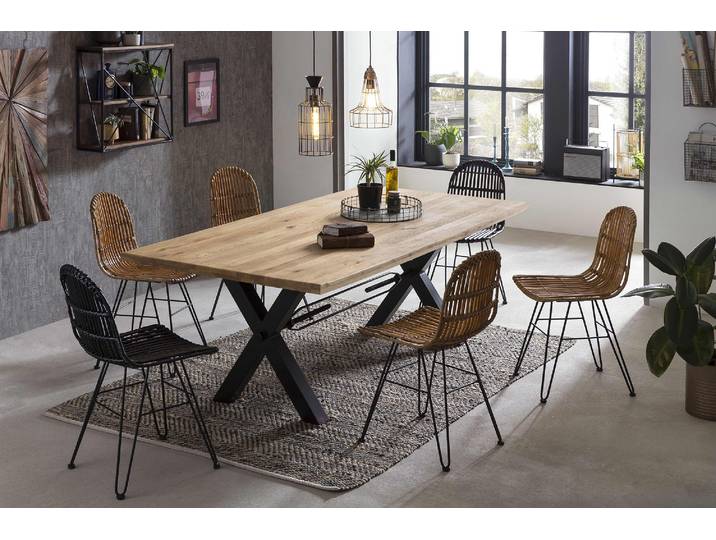 Esstisch SIT Gent Wildeiche Massivholz mit X-Gestell aus Metall, Industrial , braun (natur, antikschwarz, antikschwarz, natur), B:180cm H:76cm T:100cm, Platte Wildeiche geölt, Gestell Metall, Tische, Esstisch, Robustes X-Gestell aus Metall für hohe Stabilität