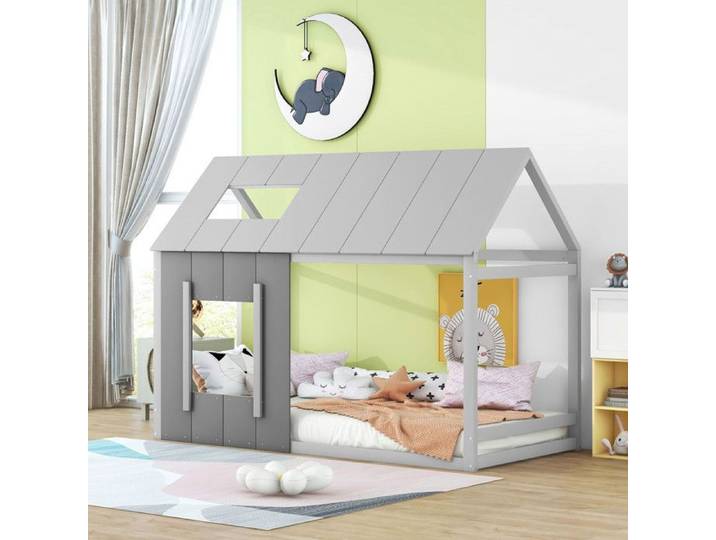 Lit enfant Lit cabane 90x200cm - Gris foncé et clair - Montage facile - Design contemporain