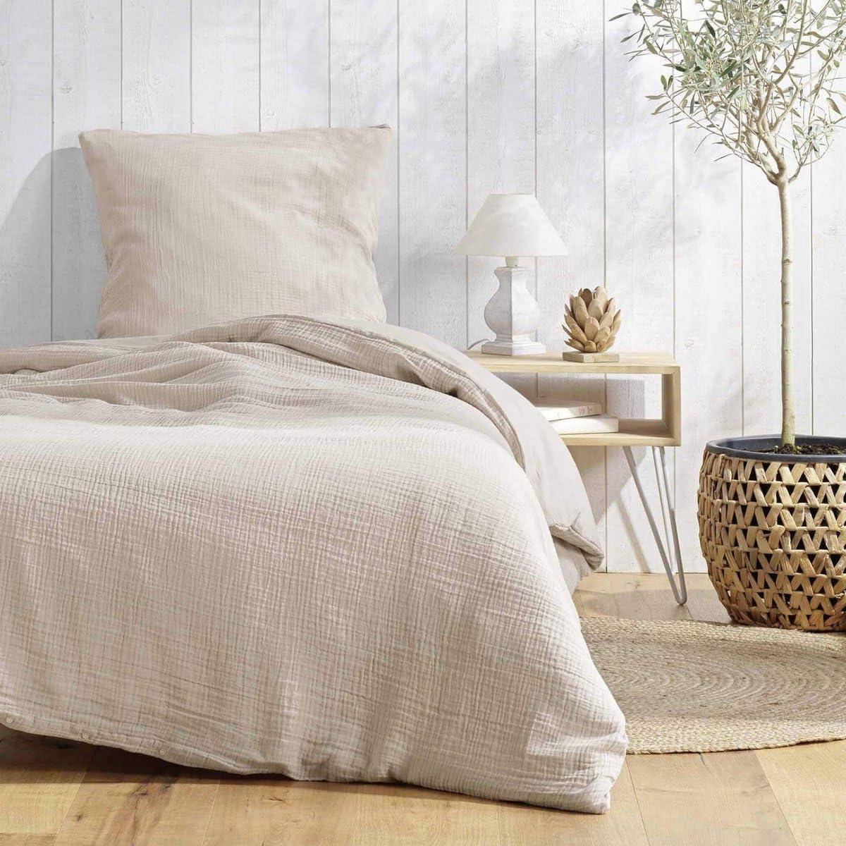 Katoenen beddengoed set Mesh in zandkleur, 140x200 cm