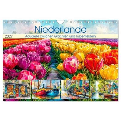 Niederlande. Aquarelle zwischen Grachten und Tulpenfeldern (Wandkalender 2027 DIN A4 quer), CALVENDO Monatskalender