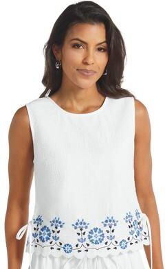 Masseys In-Bloom Embroidered Tank Top (Size 3X) White/Blue, Cotton,Rayon