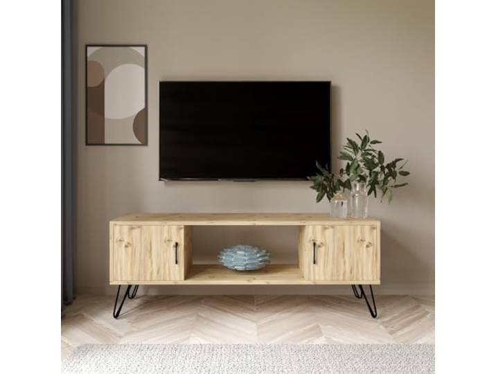 Hanah Home Modern Oak TV Stand, 150 cm Wide, 60 cm High, 40 cm Deep 100% Melamine Coated Particle Board, 18 mm Thick Stylish Design with Multiple Shelves & Storage