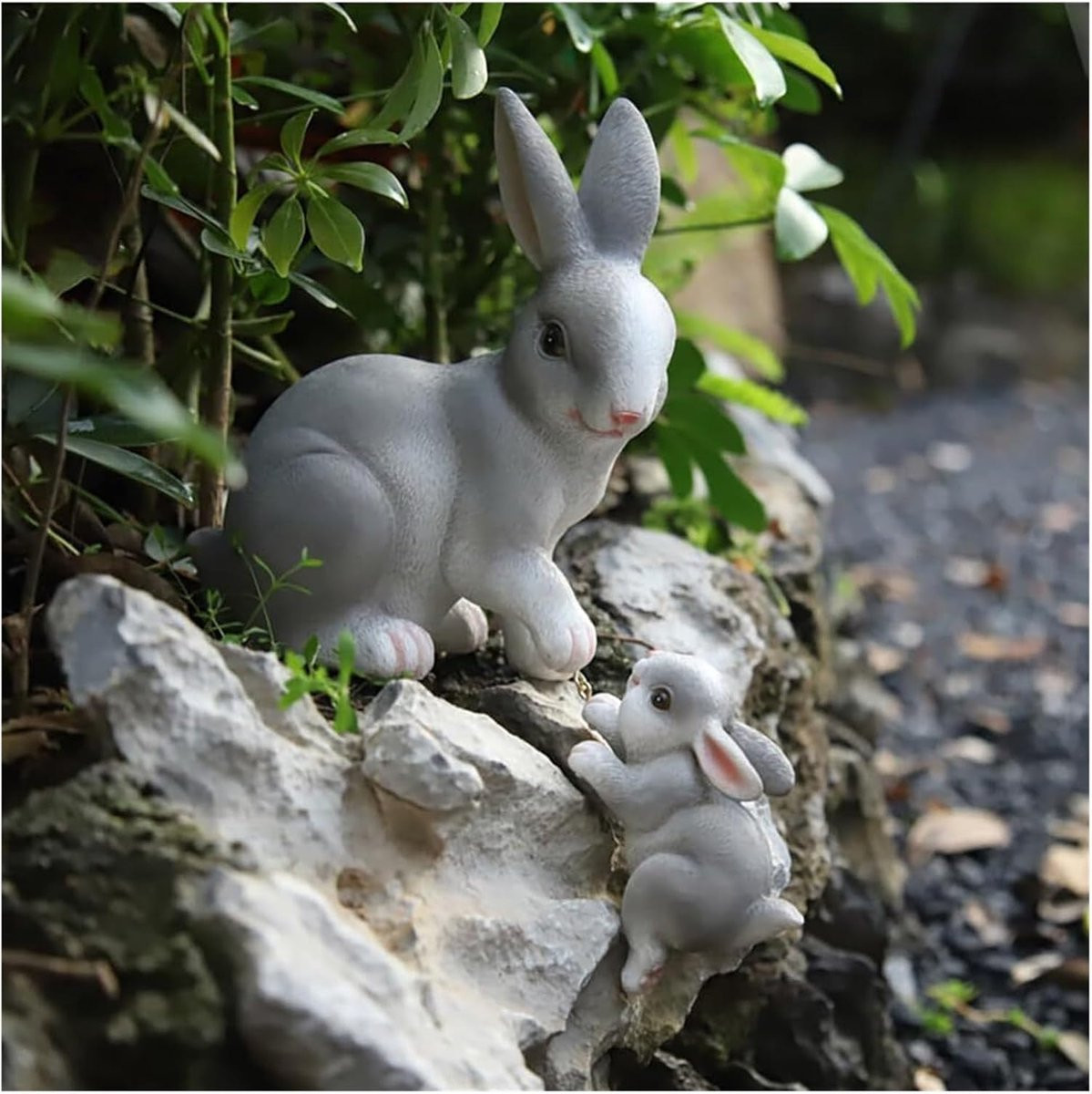 Konijnenbeeldje Moeder en Kind - Hars sculptuur voor decoratie in huis en tuin