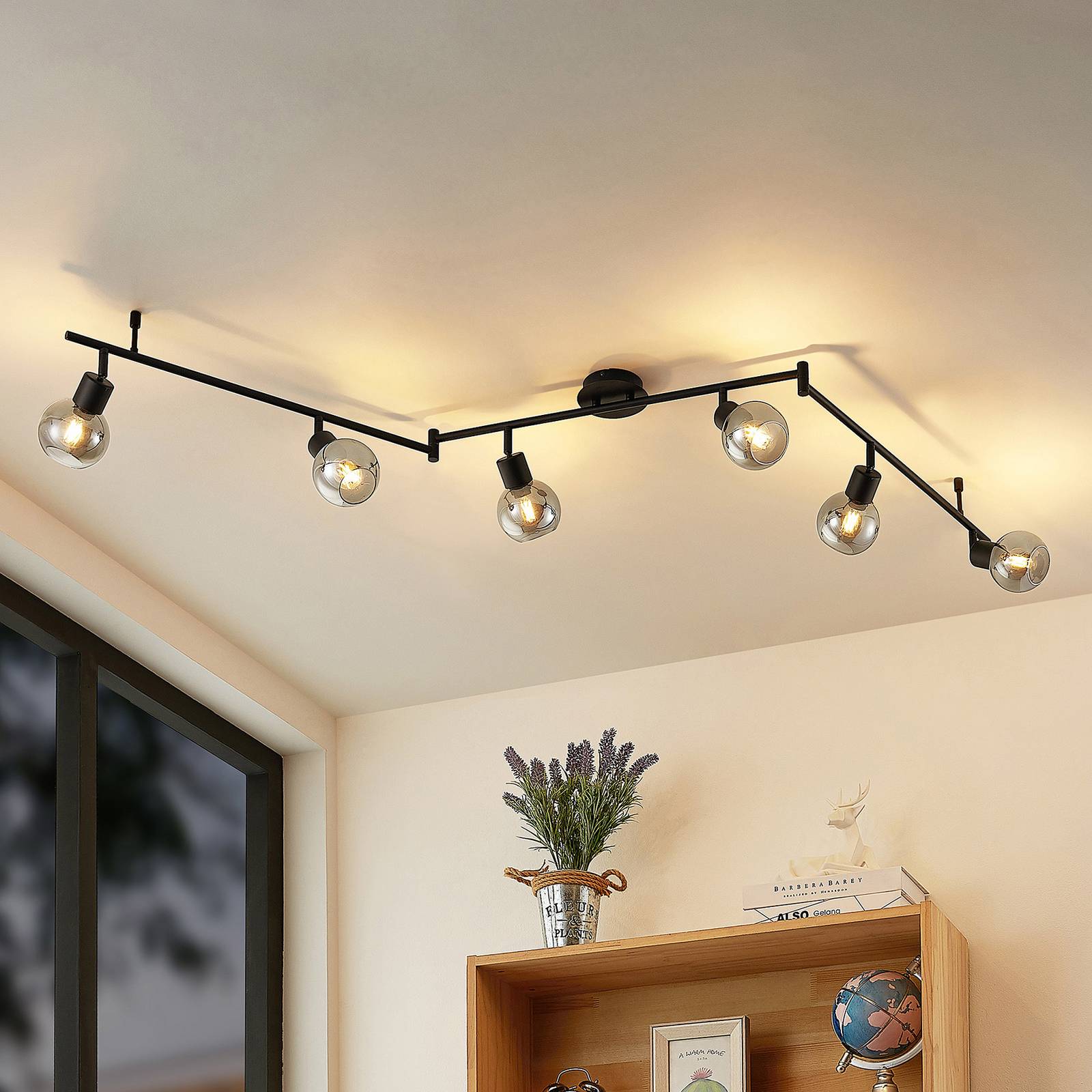Lindby Eridia downlight, black, 6-bulb, long Lindby, dimmable, Black, Living / Dining Room, metal, Modern, Ceiling Light