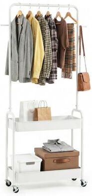 Costway Heavy-Duty Laundry Cart with Hanging Rod and 2 Storage Baskets for Bedroom-White