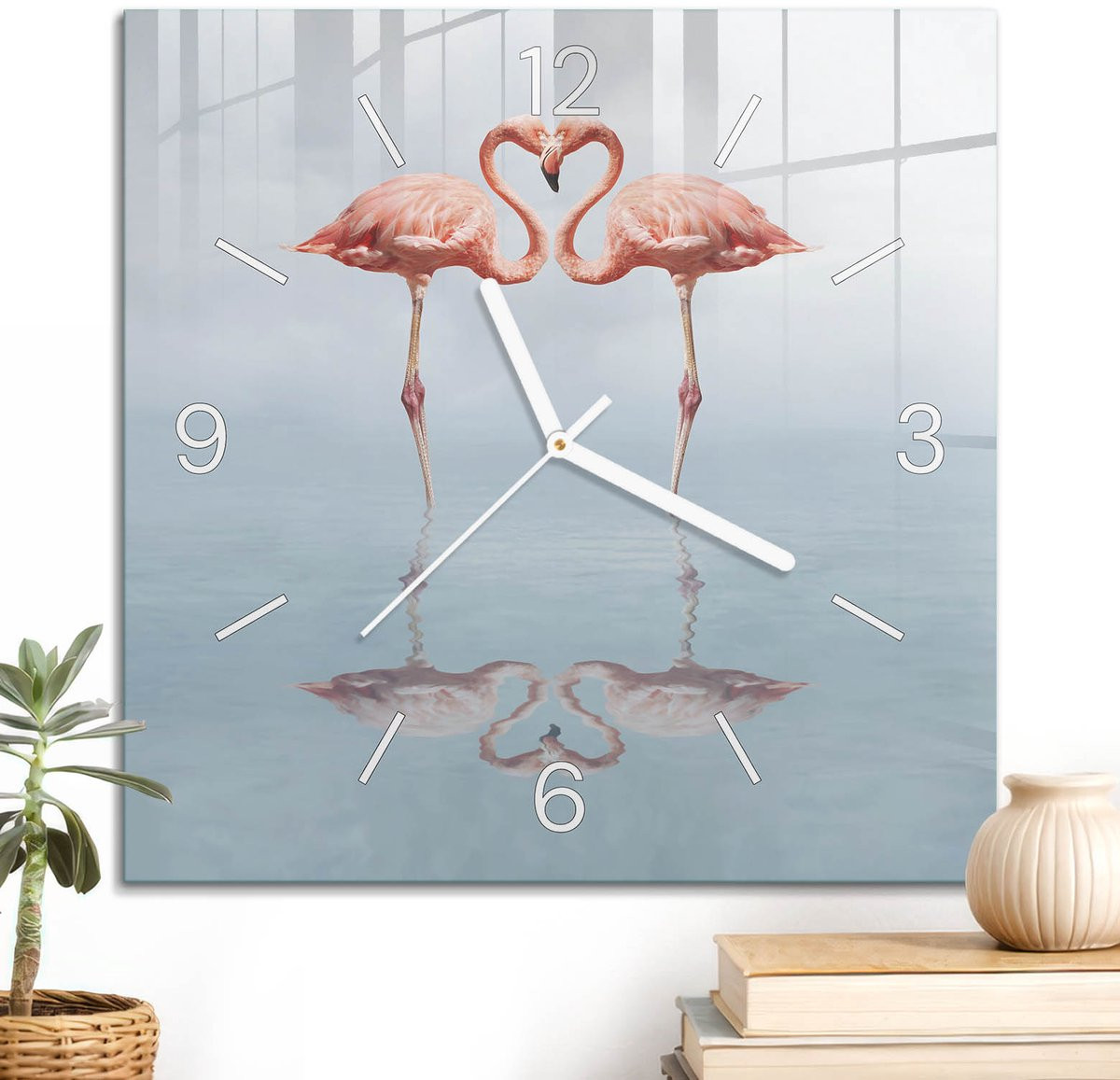 ArtPrintCave Wandklok Vierkant Blauw - Flamingos Hart - 30 x 30 cm