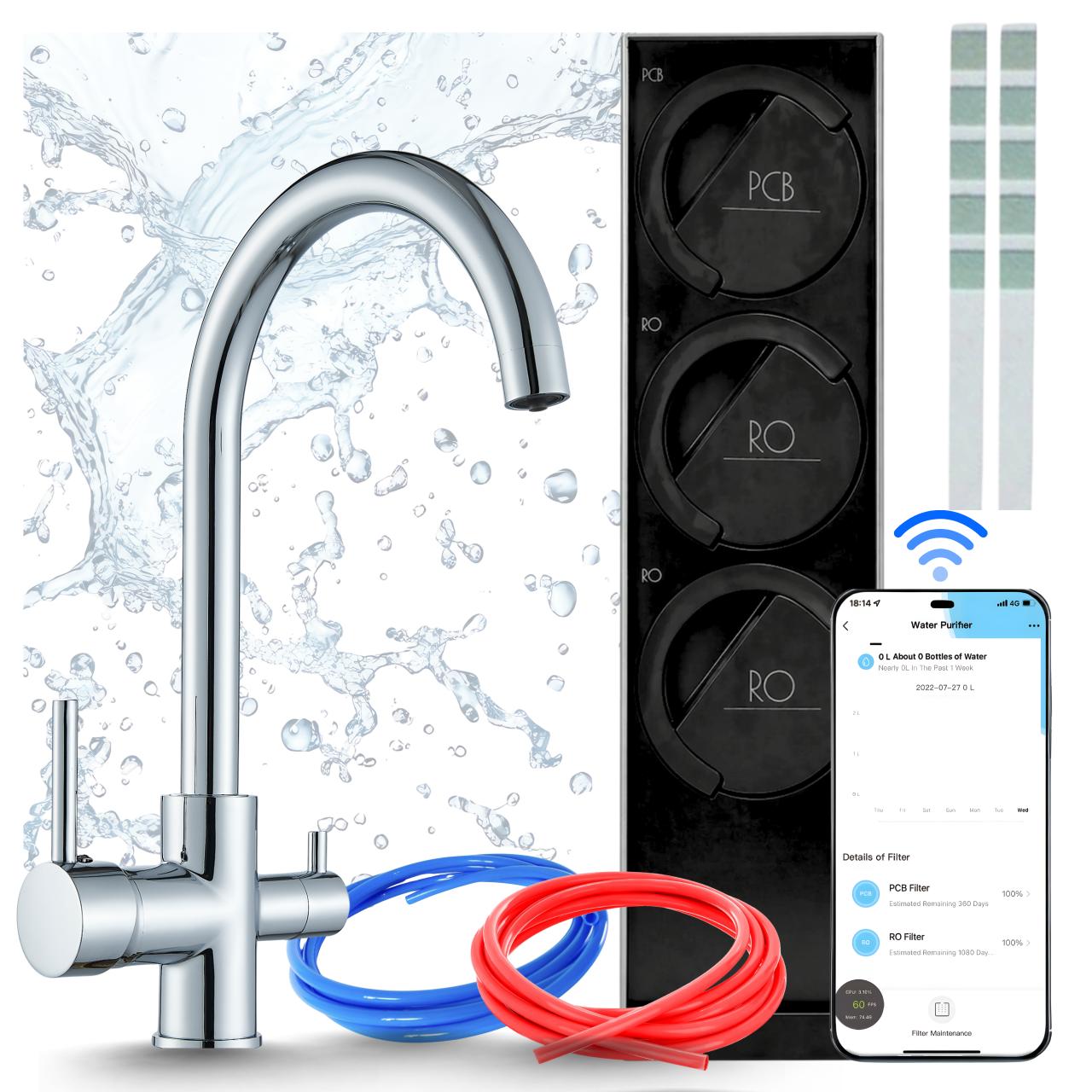 Küchenarmatur Mit Wasserfiltersystem Ari Linko, 4-Stufige Umkehrosmoseanlage 800 Gpd, Wifi, Tanklos, 360 Grad Schwenkbar, Perlator, Chrom, Messing