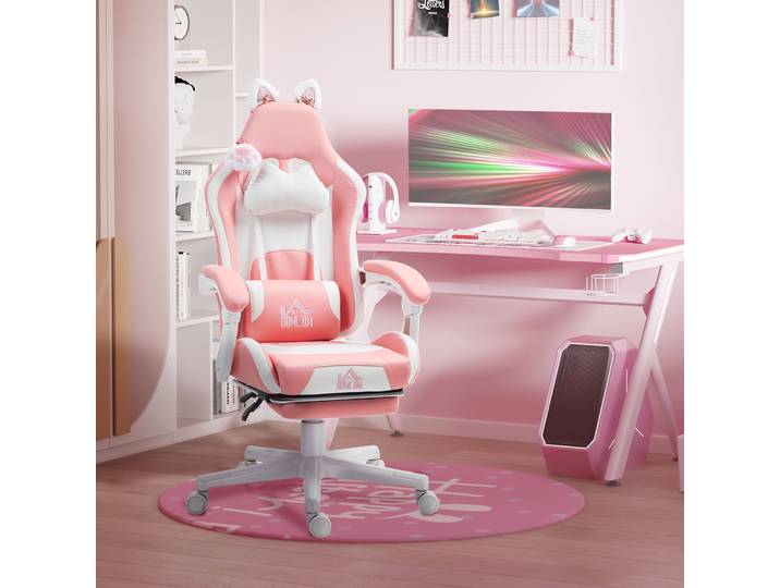 HOMCOM Fauteuil Gamer avec Oreilles de Chat, dossier inclinable, repose-pieds escamotable, jusqu'à 120 kg, Rose/Blanc