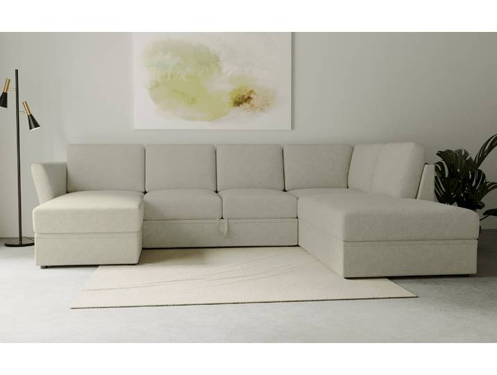 Wohnlandschaft, Webstoff, Beige, 310×226 cm, Bettfunktion & Stauraum, Klassisch, Home-affaire