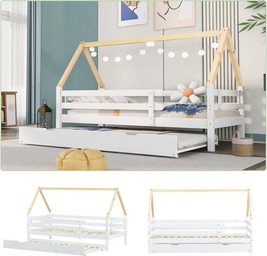 Famanu Kinderbett Holzhaus mit Ausziehbett - Weiß/Natur, 200x90 cm