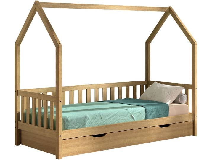 Hausbett, Massivholz, Eiche Natur, 90×200 cm, Mit Dachaufbau & Bettschublade, Modern, Vipack