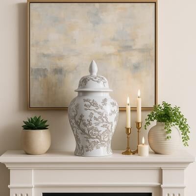 Sagebrook Home Decorative Ceramic Cherry Blossom Temple Jar with Lid - White & Brown