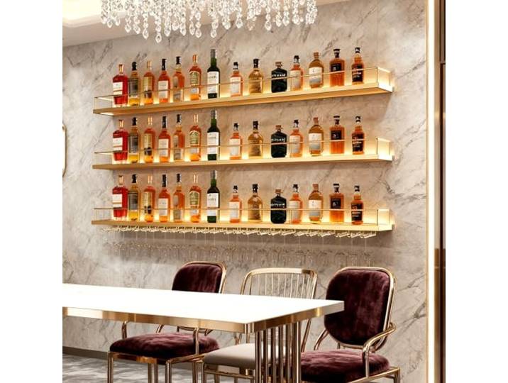 YDEHUEAD Wand montiertes Weinregal mit Weinglasregal, Metall Wine Display-Ständer Einstellbarer Raum, Schwebendes Barregal Flaschenregal Wandmontage für Bar-Einheiten, Küche Dekoration (Gold, 180cm)