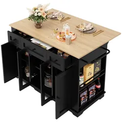STILVORA Kücheninsel Küchenwagen 92x152x85 cm mit klappbarer Tischplatte, Schublade und Glasfront, viel Stauraum, Schwarz+Natur