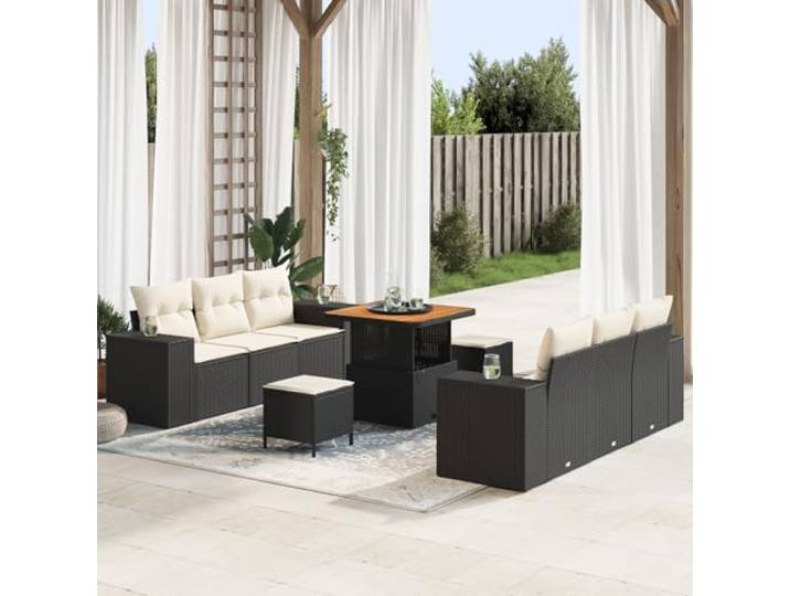 HEFZGDB 9-teiliges Garten-Sofa-Set mit Kissen in Schwarz aus Poly-Rattan und Akazienholz-Tischplatte für Terrasse Balkon Außenbereich
