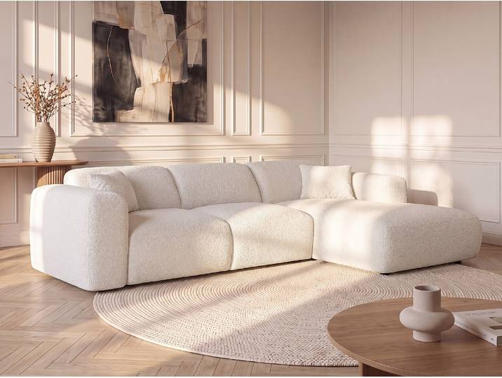 Großes Ecksofa mit Schlaffunktion – Ecke rechts – Bouclé-Stoff – Weiß – POGNI von Maison Céphy