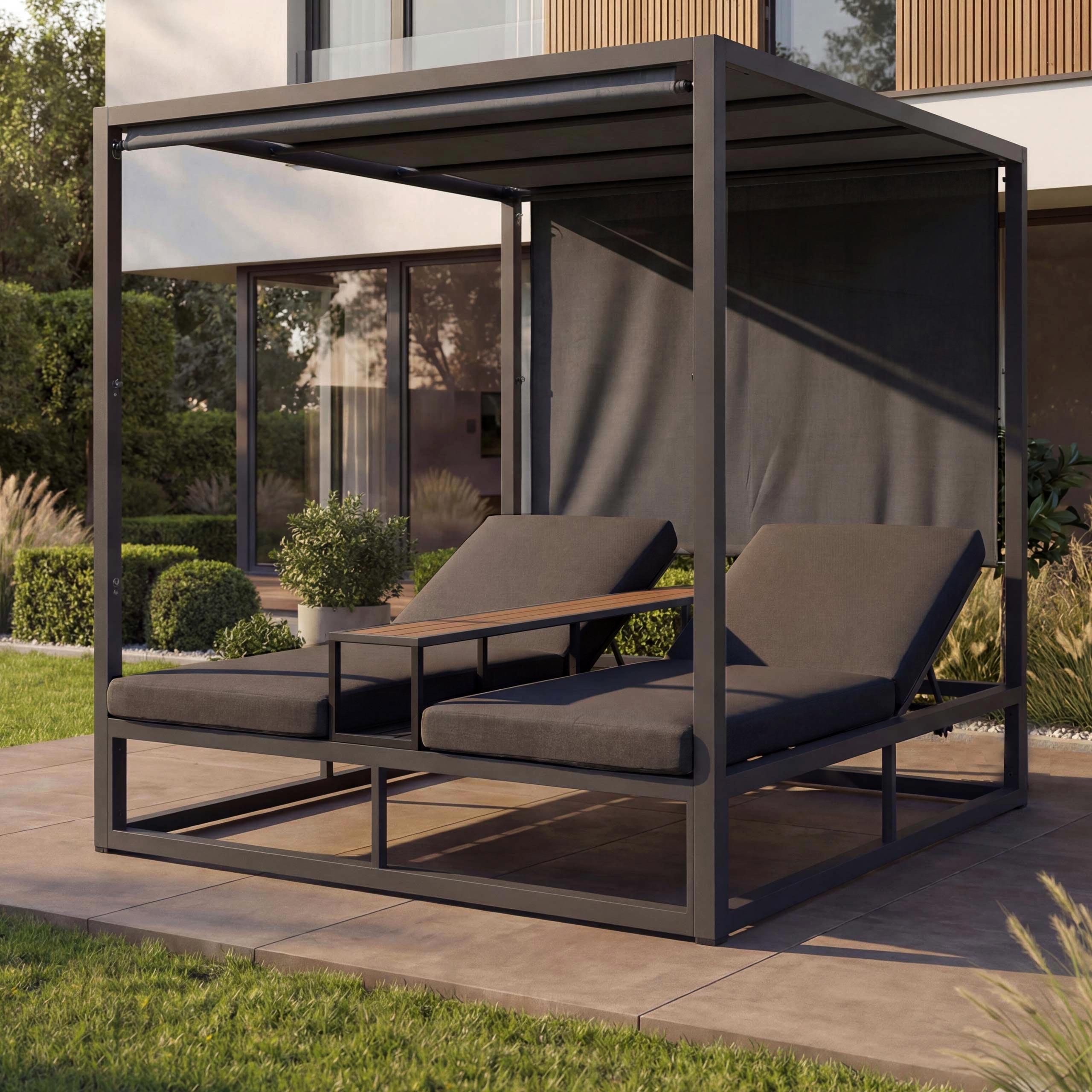 Alu Lounge-Gartenliege HWC-P81, Sonnenliege Daybed, 10cm-Polster 220g/m² 196x165x196cm dunkelgrau, Polster dunkelgrau