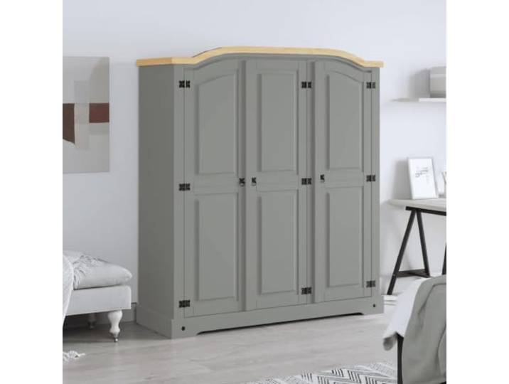 HKQWPBF Kleiderschrank Mexiko-Stil Kiefernholz 3 Türen Grau Massives Kiefernholz,gewachst,Metall-Details in Schwarz,gewölbtes Oberteil,Kleiderstange,4 Einlegeböden