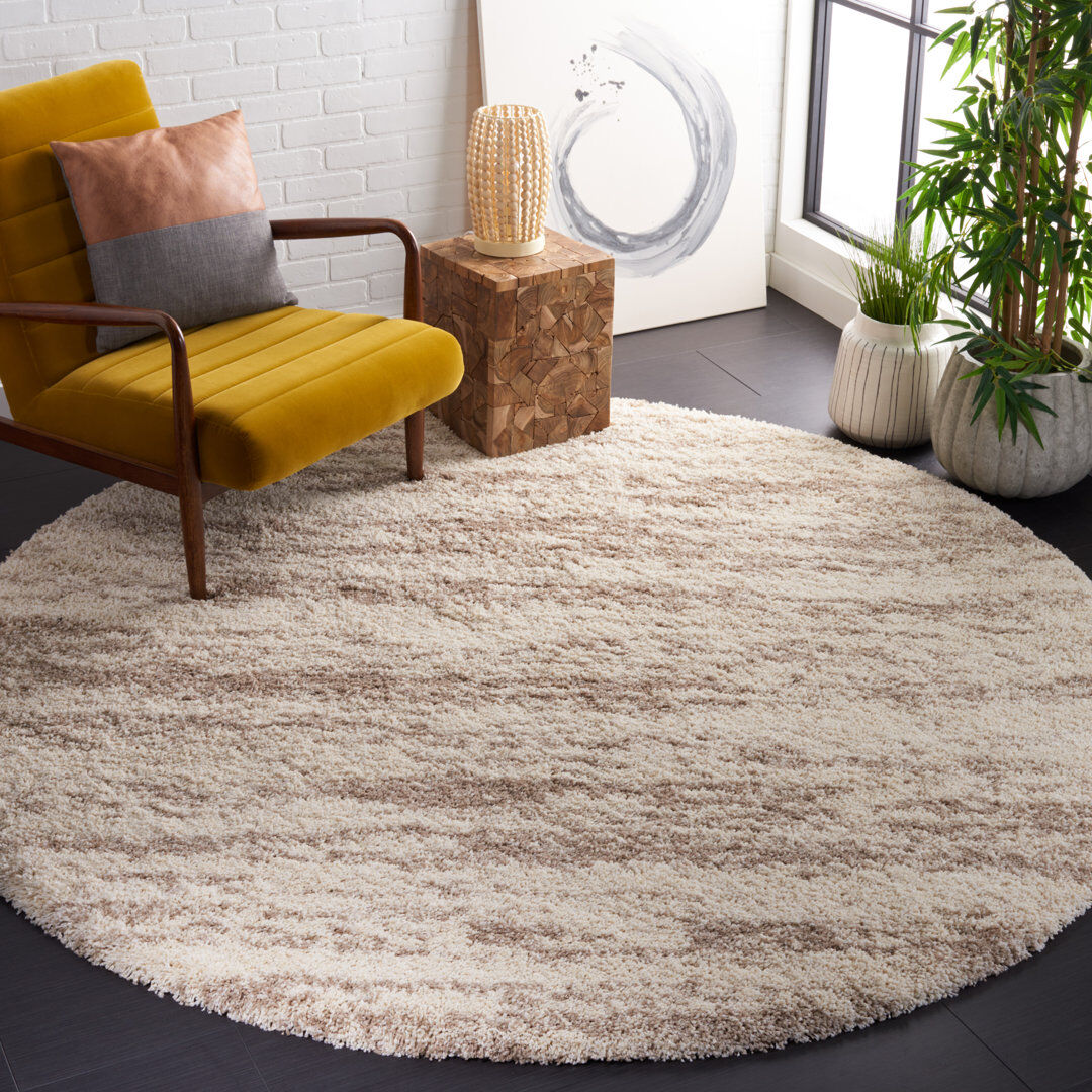 Borough Wharf Hudson Shag Striped Area Rug In Ivory / Beige Ivory;Beige Round 122 cm