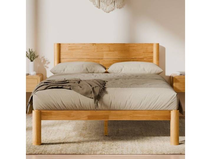 FlexiSpot Cadre de Lit Double en Bois Massif 140x200cm avec Tête de Lit Japandi avec Rangement et Structure Mortaise et Tenon