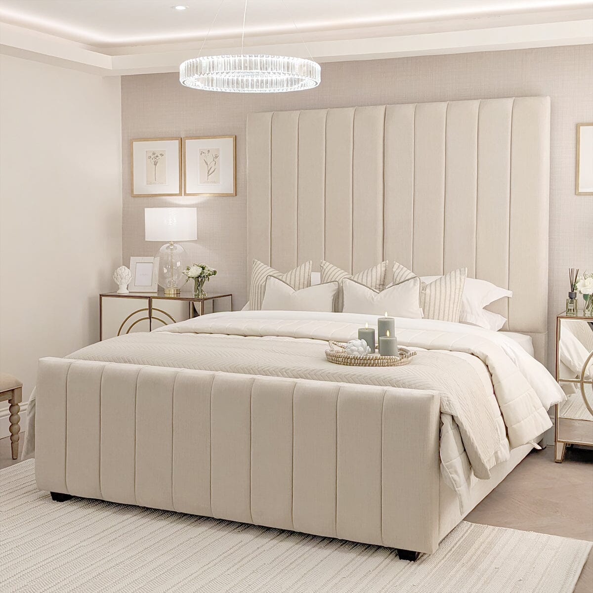 Zana Beige Textured Luxury Panelled Bed, Emperor / Emperor