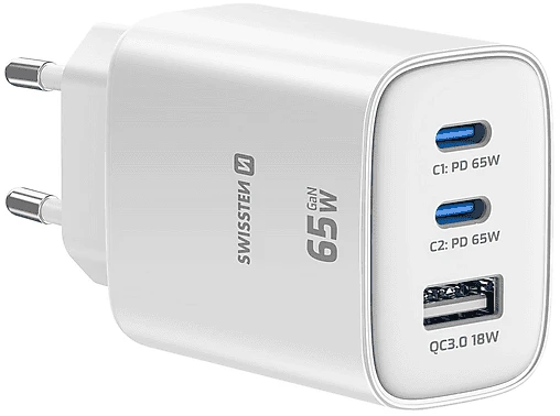 Swissten Edge GaN 2x USB-C PD 65W + 1x USB-A 18W QC Weiß