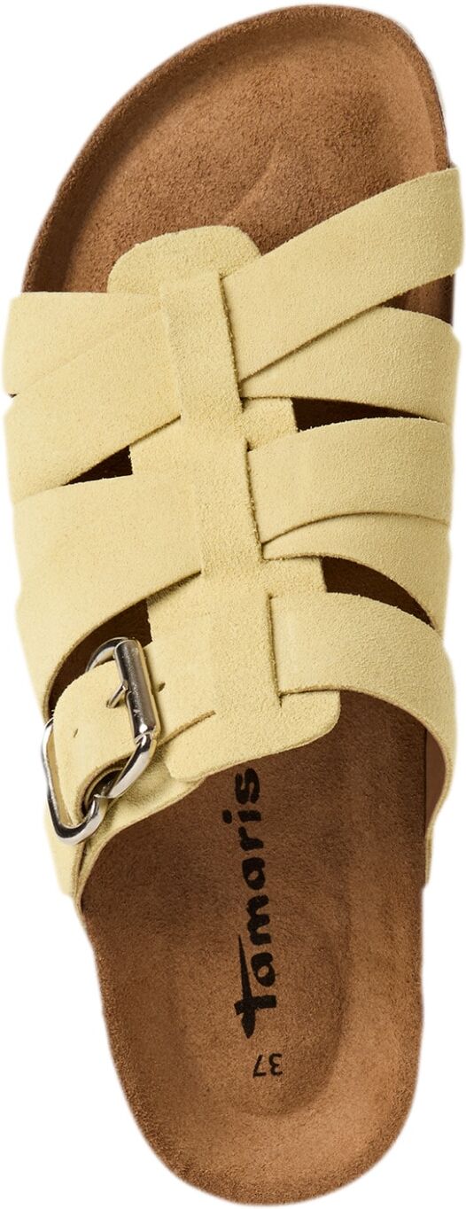 Pantolette TAMARIS, Damen, Gr. 40, Synthetik, gelb, Veloursleder, unifarben, Basic, Schuhe Pantolette, Schlupfschuh, Hausschuh, Sommerschuh mit Veloursleder-Fußbett